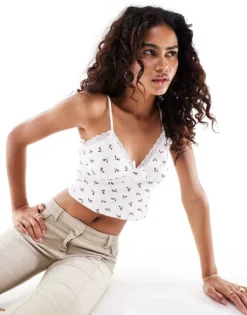 Glamorous Pointelle Ditsy Cami Crop Top With Lace Hem For Women White Rose Pointelle -Glamorous Shop 206215255 3