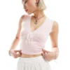 Glamorous Contrast Ribbon Lace Detail V Neck Vest In Baby Pink For Women