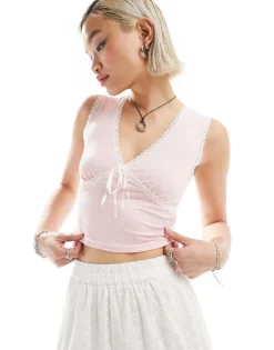 Glamorous Contrast Ribbon Lace Detail V Neck Vest In Baby Pink For Women
