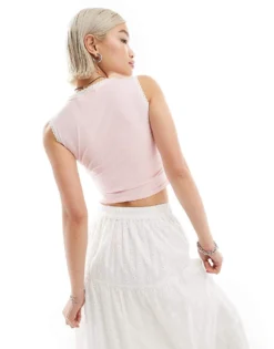 Glamorous Contrast Ribbon Lace Detail V Neck Vest In Baby Pink For Women -Glamorous Shop 206215268 4