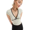 Glamorous V Neck Crop Top In Cherry Pointelle With Velvet Ribbon For Women Cream Cherry