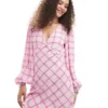 Glamorous V Neck Long Sleeve Flippy Mini Dress In Pink Check For Women