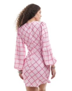 Glamorous V Neck Long Sleeve Flippy Mini Dress In Pink Check For Women -Glamorous Shop 206215294 4