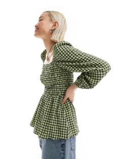 Glamorous Square Neck Volume Sleeve Shirred Blouse In Check For Women Multi Check -Glamorous Shop 206215312 1 multicheck 1