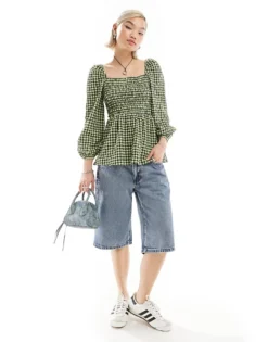 Glamorous Square Neck Volume Sleeve Shirred Blouse In Check For Women Multi Check -Glamorous Shop 206215312 3