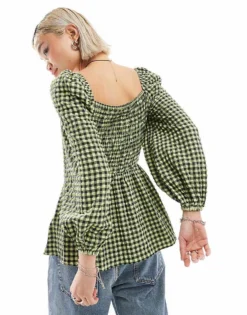 Glamorous Square Neck Volume Sleeve Shirred Blouse In Check For Women Multi Check -Glamorous Shop 206215312 4