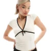 Glamorous V Neck Pointelle Rib Top With Black Contrast Ribbon And Bow For Women Cream