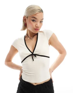 Glamorous V Neck Pointelle Rib Top With Black Contrast Ribbon And Bow For Women Cream