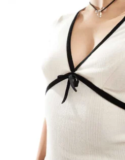Glamorous V Neck Pointelle Rib Top With Black Contrast Ribbon And Bow For Women Cream -Glamorous Shop 206215325 3