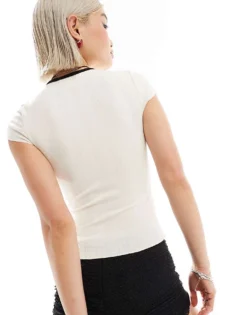 Glamorous V Neck Pointelle Rib Top With Black Contrast Ribbon And Bow For Women Cream -Glamorous Shop 206215325 4