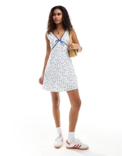 Glamorous V Neck Mini Flippy Dress In Blue Ditsy With Velvet Ribbon Trim For Women Cream Blue Ditsy -Glamorous Shop 206215365 1 creamblueditsy 1