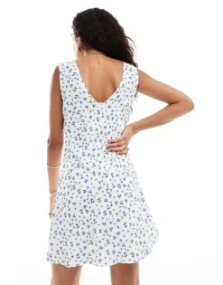 Glamorous V Neck Mini Flippy Dress In Blue Ditsy With Velvet Ribbon Trim For Women Cream Blue Ditsy -Glamorous Shop 206215365 3