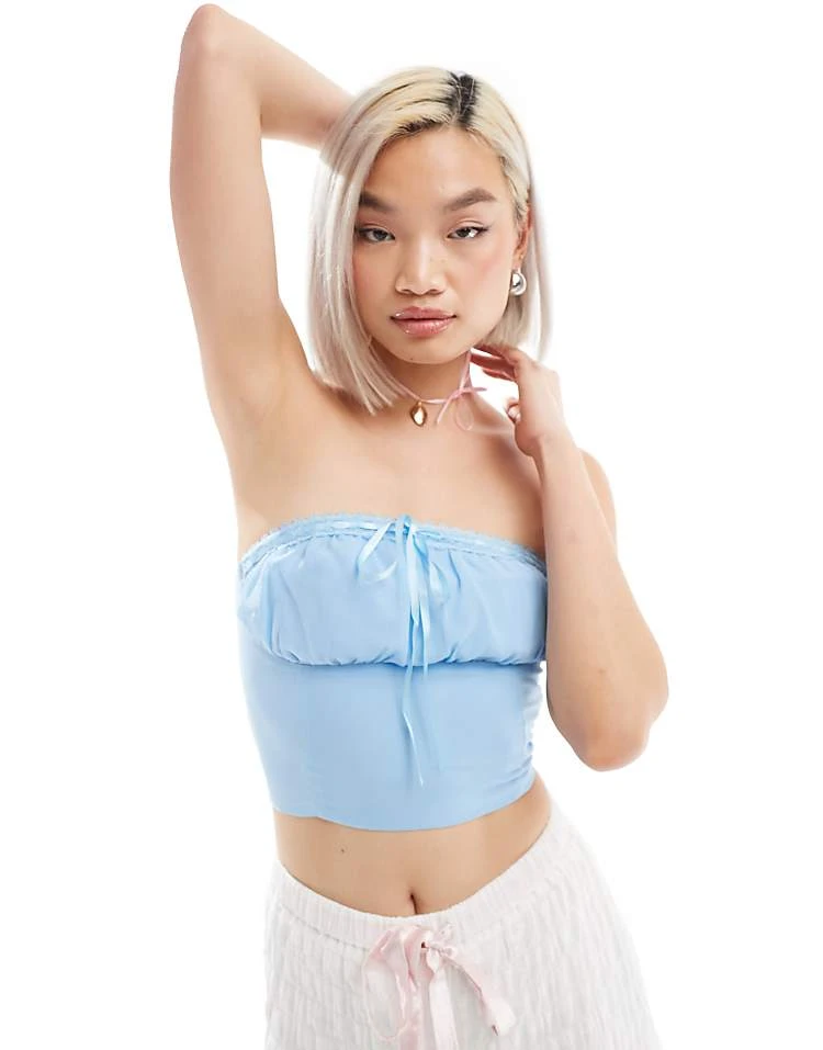 Glamorous Bandeau Crop Top In Baby Blue With Ribbon Trim For Women 1 Glamorous Bandeau Crop Top In Baby Blue With Ribbon Trim For Women