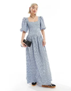 Glamorous Volume Sleeve Square Neck Drop Waist Maxi Dress In Blue Stripe For Women -Glamorous Shop 206215406 1 bluestripe 1