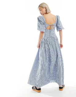Glamorous Volume Sleeve Square Neck Drop Waist Maxi Dress In Blue Stripe For Women -Glamorous Shop 206215406 4