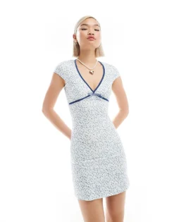 Glamorous V Neck Short Sleeve Mini Dress In Vintage Blue Ditsy And Velvet Ribbon Trim For Women White Blue Ditsy -Glamorous Shop 206215428 1 whiteblueditsy 1