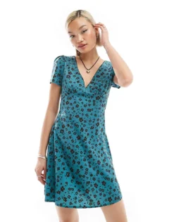 Glamorous V Neck Short Sleeve Mini Tea Dress In Retro Teal Floral For Women Blue Brown Floral -Glamorous Shop 206215462 1 bluebrownfloral 1
