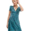 Glamorous V Neck Short Sleeve Mini Tea Dress In Retro Teal Floral For Women Blue Brown Floral