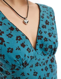 Glamorous V Neck Short Sleeve Mini Tea Dress In Retro Teal Floral For Women Blue Brown Floral -Glamorous Shop 206215462 3