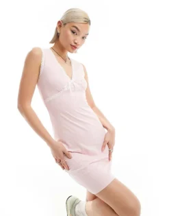 Glamorous Contrast Ribbon Lace Detail V Neck Mini Dress In Baby Pink For Women -Glamorous Shop 206215502 1 pink 1