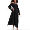 Glamorous Off Shoulder Shirred Waist Maxi Dress In Black For Women