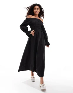 Glamorous Off Shoulder Shirred Waist Maxi Dress In Black For Women