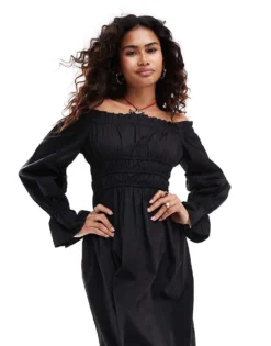 Glamorous Off Shoulder Shirred Waist Maxi Dress In Black For Women -Glamorous Shop 206215515 3