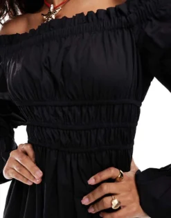 Glamorous Off Shoulder Shirred Waist Maxi Dress In Black For Women -Glamorous Shop 206215515 4