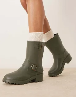 Glamorous Biker Wellies In Khaki For Women