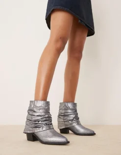 Glamorous Ruched Western Ankle Boots In Denim Shimmer For Women