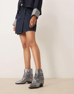 Glamorous Ruched Western Ankle Boots In Denim Shimmer For Women -Glamorous Shop 206294429 4