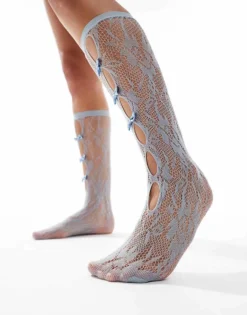 Glamorous Bow Front Pointelle Socks In Blue For Women Light Blue -Glamorous Shop 206496819 1 lightblue 1