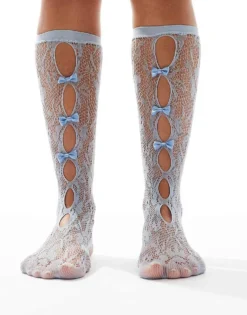 Glamorous Bow Front Pointelle Socks In Blue For Women Light Blue -Glamorous Shop 206496819 4