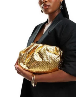 Glamorous Woven Clutch Bag With Detachable Chain Strap In Gold For Women -Glamorous Shop 206496978 1 gold 1