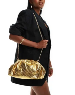 Glamorous Woven Clutch Bag With Detachable Chain Strap In Gold For Women -Glamorous Shop 206496978 4