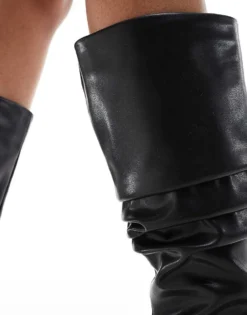 Glamorous Ruched Knee Boots With Gold Heel In Black For Women Black Pu -Glamorous Shop 206643530 4