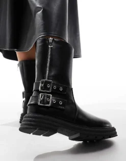 Glamorous Chunky Chelsea Boots With Buckles And Zip In Black For Women