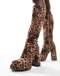 Glamorous Platform Heeled Knee Boots In Leopard For Women -Glamorous Shop 206643570 4