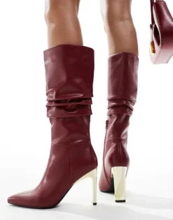 Glamorous Ruched Knee Boots With Gold Heel In Burgundy For Women -Glamorous Shop 206643594 3
