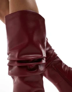 Glamorous Ruched Knee Boots With Gold Heel In Burgundy For Women -Glamorous Shop 206643594 4