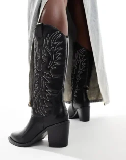 Glamorous Western Heeled Knee Boots In Black For Women -Glamorous Shop 206643610 4
