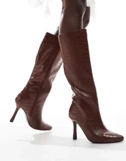 Glamorous Kitten Heel Knee Boots In Cognac Croc For Women Brown -Glamorous Shop 206643627 4