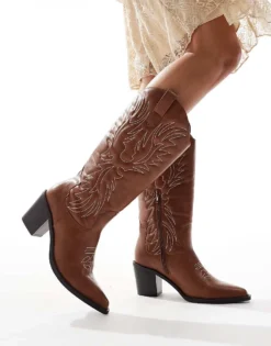 Glamorous Western Heeled Knee Boots In Tan For Women