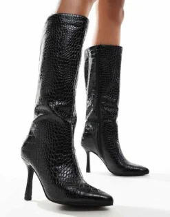 Glamorous Kitten Heel Knee Boots In Black Croc For Women