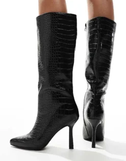 Glamorous Kitten Heel Knee Boots In Black Croc For Women -Glamorous Shop 206643753 3