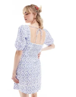 Glamorous Ditsy Print Puff Sleeve Mini Dress In Blue For Women White Blue Ditsy