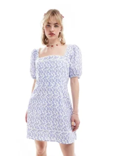 Glamorous Ditsy Print Puff Sleeve Mini Dress In Blue For Women White Blue Ditsy -Glamorous Shop 206681027 3