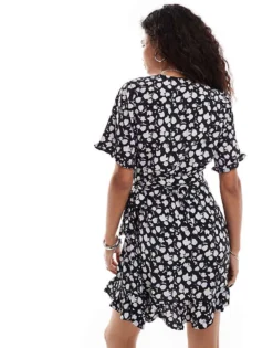 Glamorous Rose Print Wrap Mini Dress In Black And Lilac For Women Lilac Rose -Glamorous Shop 206681039 4