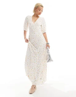 Glamorous V-neck Ditsy Print Midi Dress In White And Orange For Women White Orange Ditsy