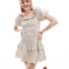Glamorous Shirred Ruffle Mini Dress In Stone For Women